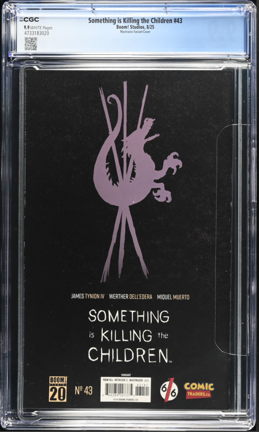 Comic book cover with a silhouette of a creature and text 'Something is Killing the Children' in a clear protective case.