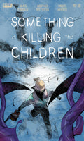 Comic book cover of 'Something is Killing the Children' with a character in a snowy landscape.