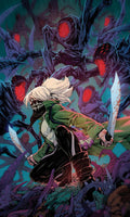 Comic book cover with a character holding a sword amidst dark, eerie background