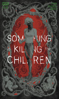 Comic book cover of 'Something is Killing the Children' with a central figure holding a sword.