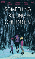 Comic book cover of 'Something is Killing the Children' with three characters in a snowy forest.