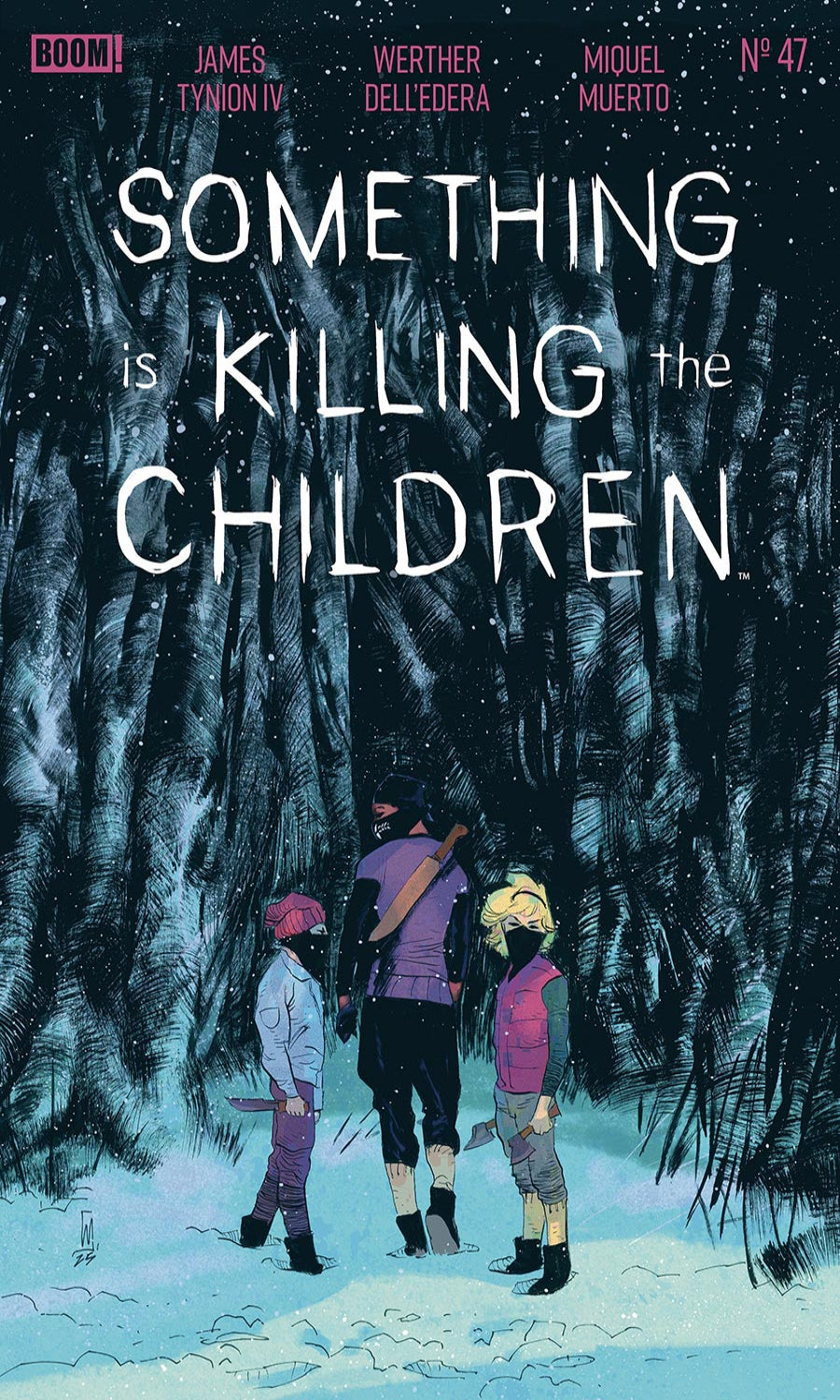Comic book cover of 'Something is Killing the Children' with three characters in a snowy forest.
