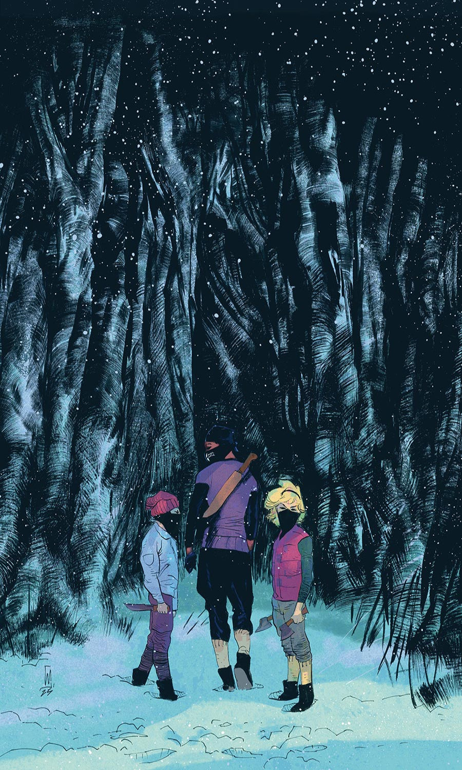 Three people standing in a snowy forest at night with a starry sky.