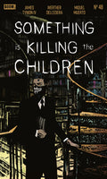Comic book cover of 'Something is Killing the Children' with a person in a suit holding a book in a library setting.