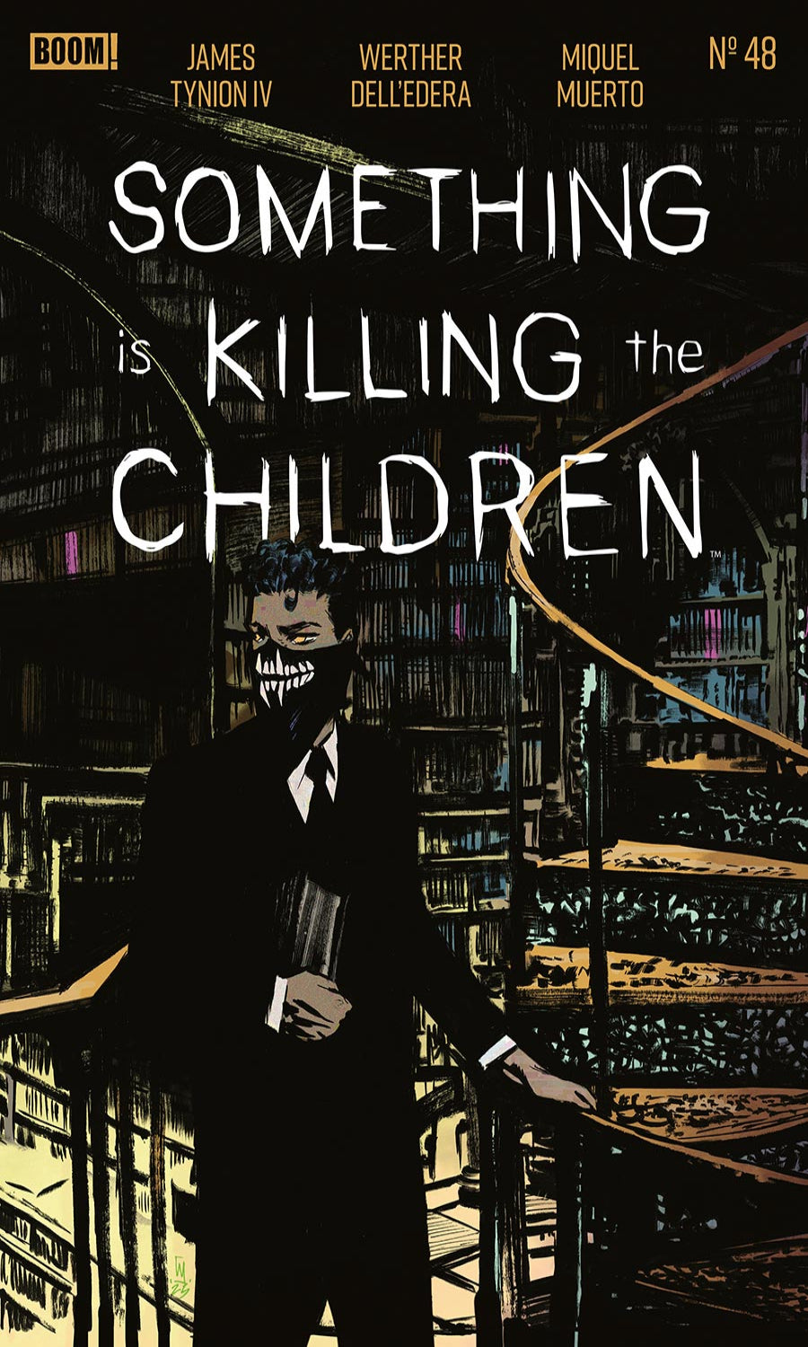 Comic book cover of 'Something is Killing the Children' with a person in a suit holding a book in a library setting.