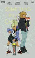 Comic book cover featuring two characters with a chainsaw, titled 'Something is Killing the Children'.