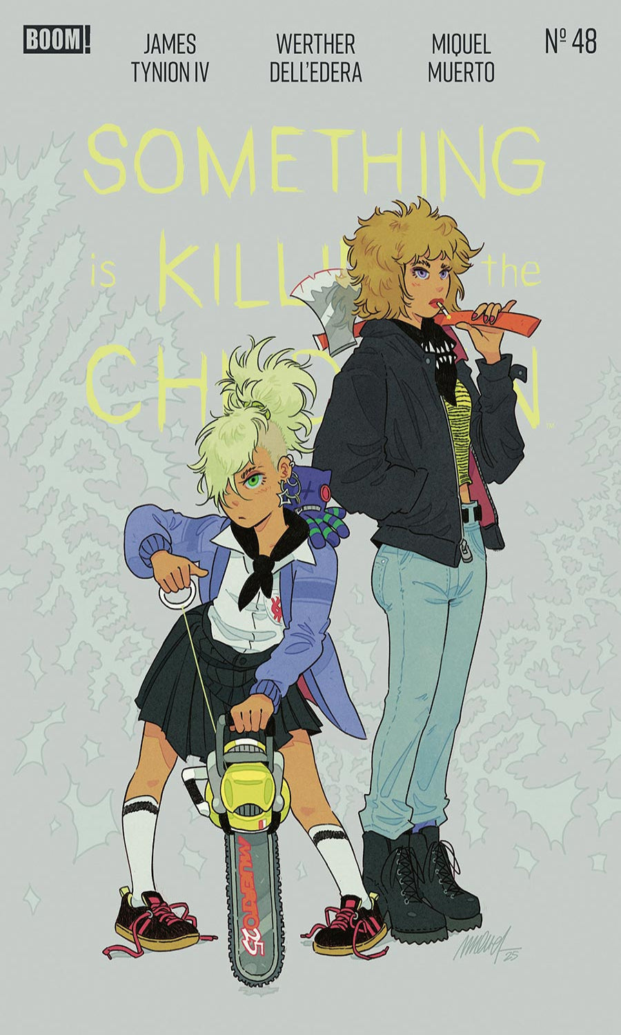 Comic book cover featuring two characters with a chainsaw, titled 'Something is Killing the Children'.