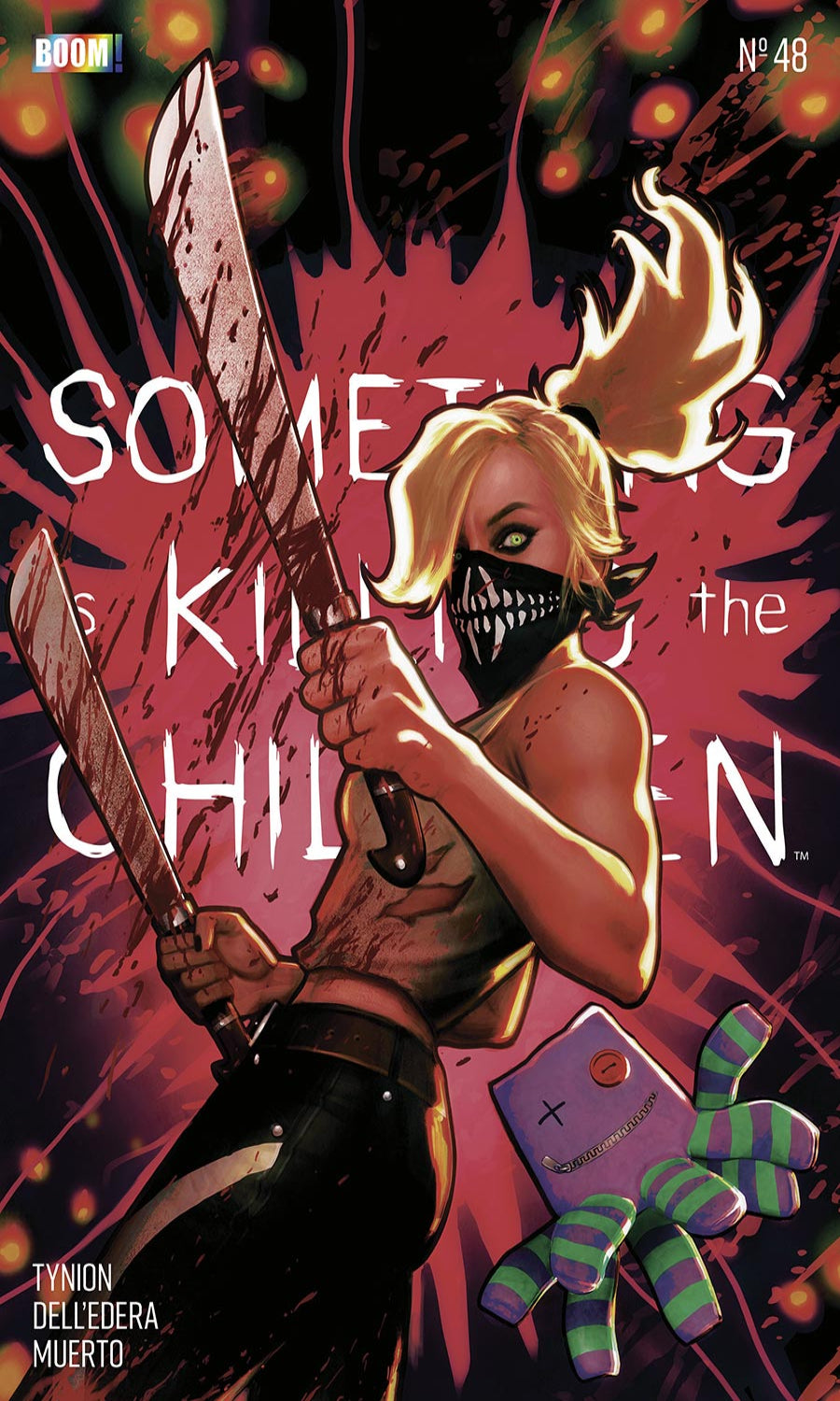 Comic book cover with a character holding knives and a mask, against a dark background with text.