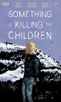 Comic book cover of 'Something is Killing the Children' with a character walking in a snowy landscape.