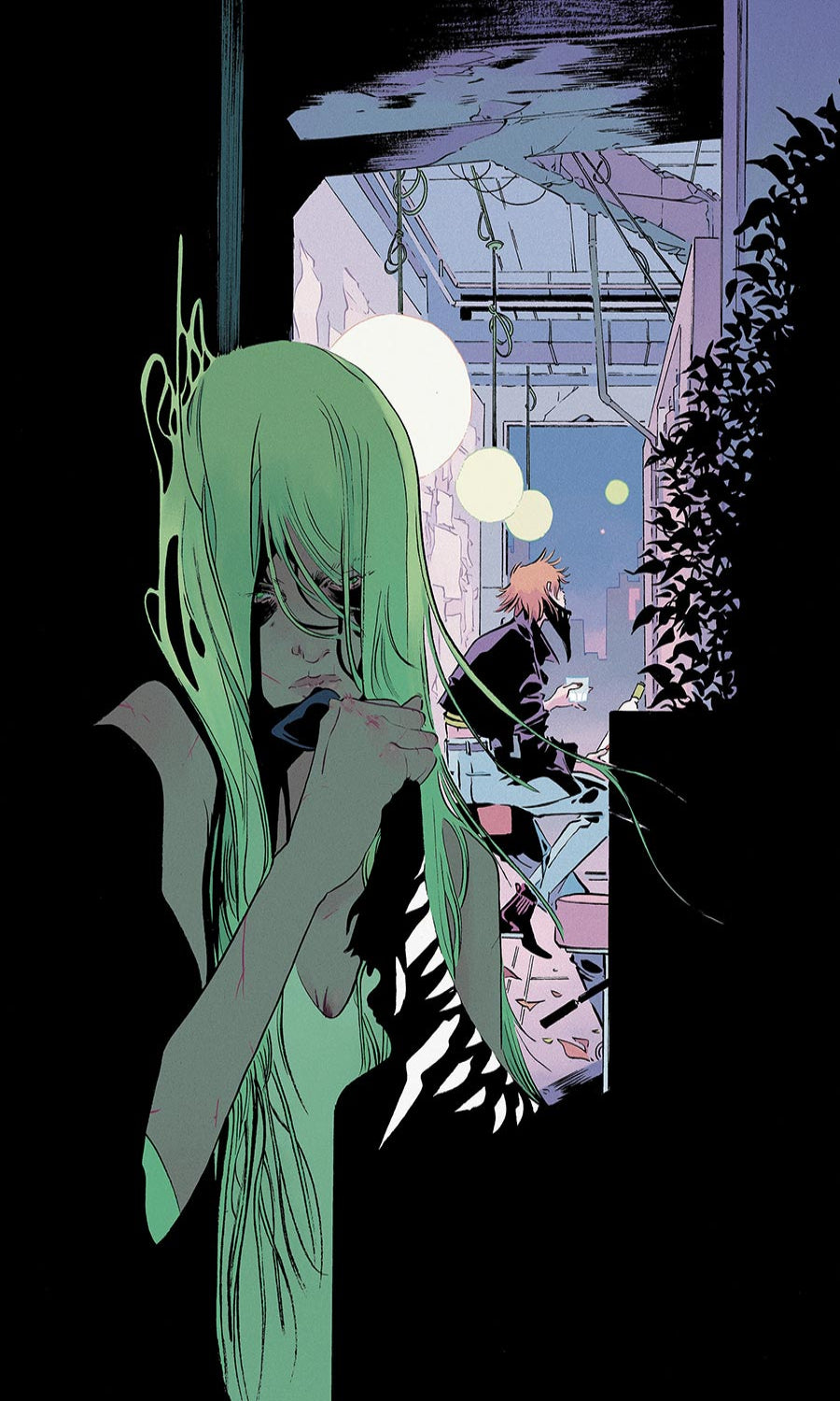 Comic book panel with a character with green hair and a blurred background