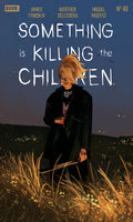 Comic book cover of 'Something is Killing the Children' with a character holding a knife in a field at night.
