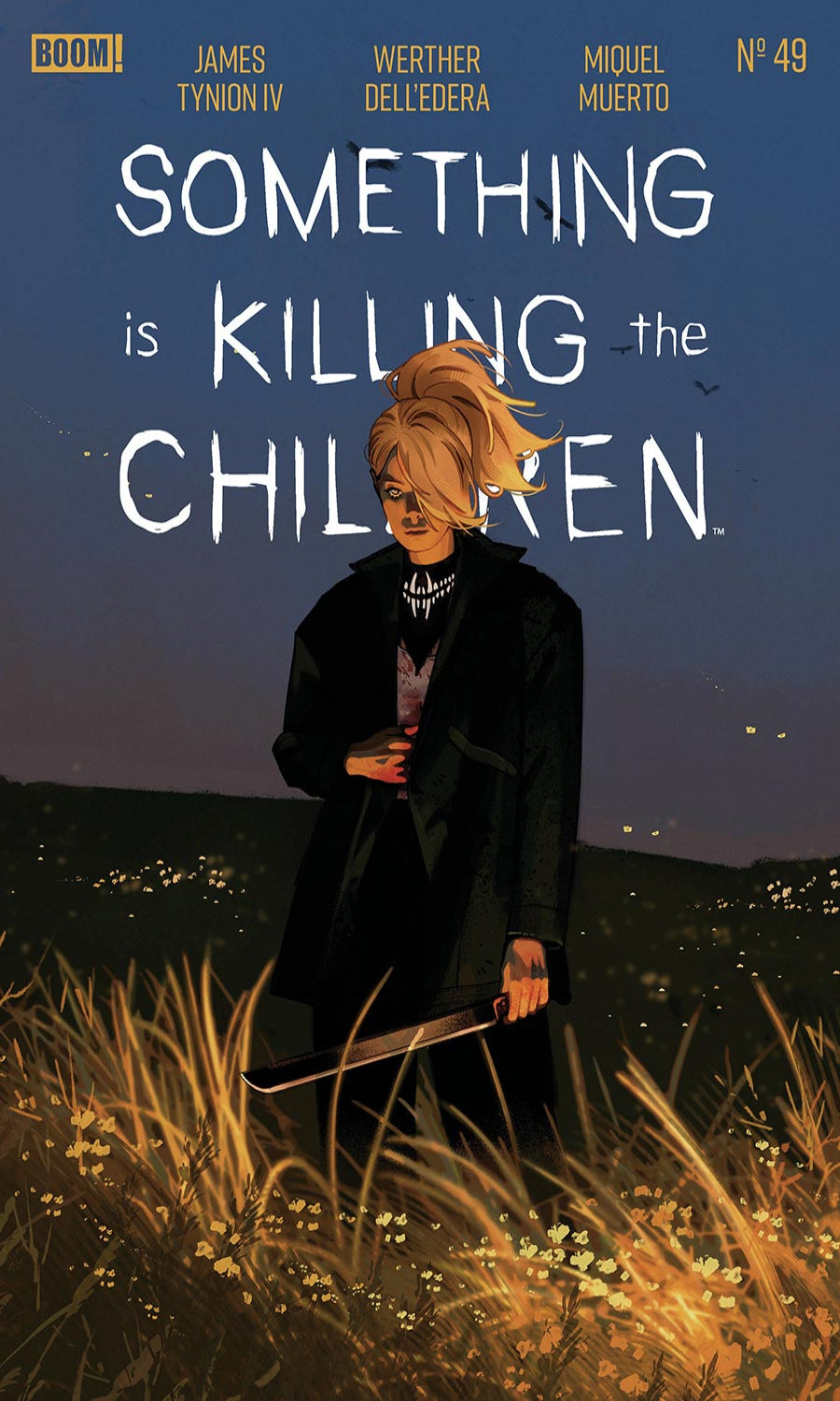 Comic book cover of 'Something is Killing the Children' with a character holding a knife in a field at night.