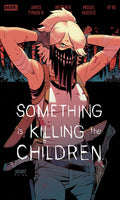 Comic book cover of 'Something is Killing the Children' with a character in a pink outfit and mask.