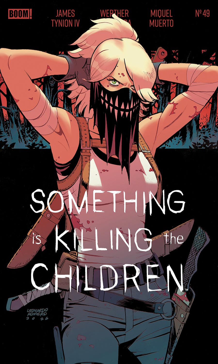 Comic book cover of 'Something is Killing the Children' with a character in a pink outfit and mask.