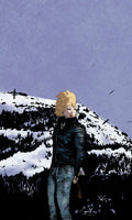Person with blonde hair and a black jacket standing on a snowy landscape with mountains in the background.