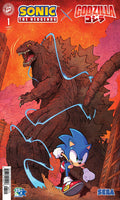 Comic book cover featuring Sonic the Hedgehog and Godzilla with a red and orange background.