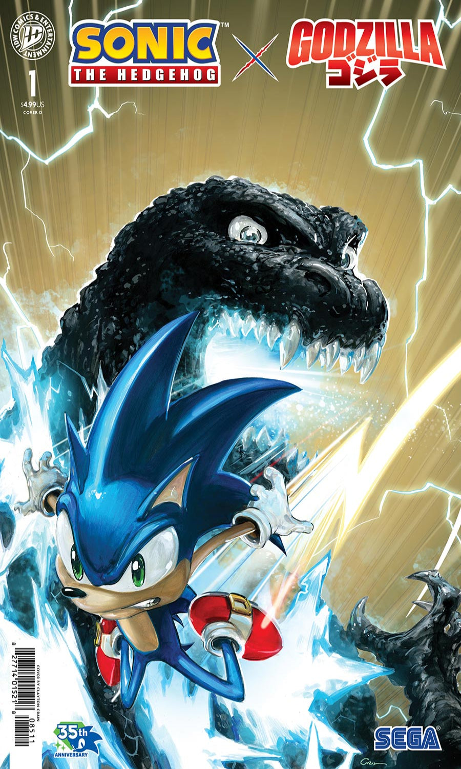 Comic book cover featuring Sonic the Hedgehog and Godzilla with dynamic poses and energy effects.
