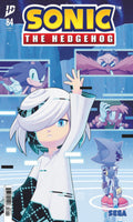 Comic book cover featuring a character with white hair and a futuristic outfit, with Sonic the Hedgehog branding.