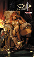 Comic book cover featuring a character named Sonja Reborn with a dark, dramatic background.