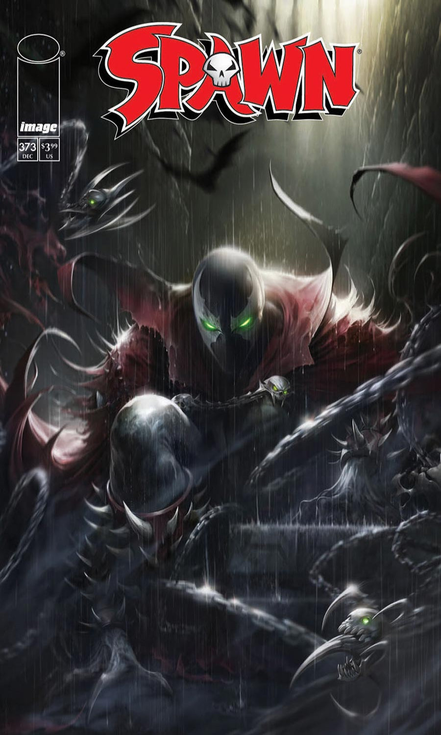 Comic book cover featuring a dark, eerie scene with a character in a hooded outfit.