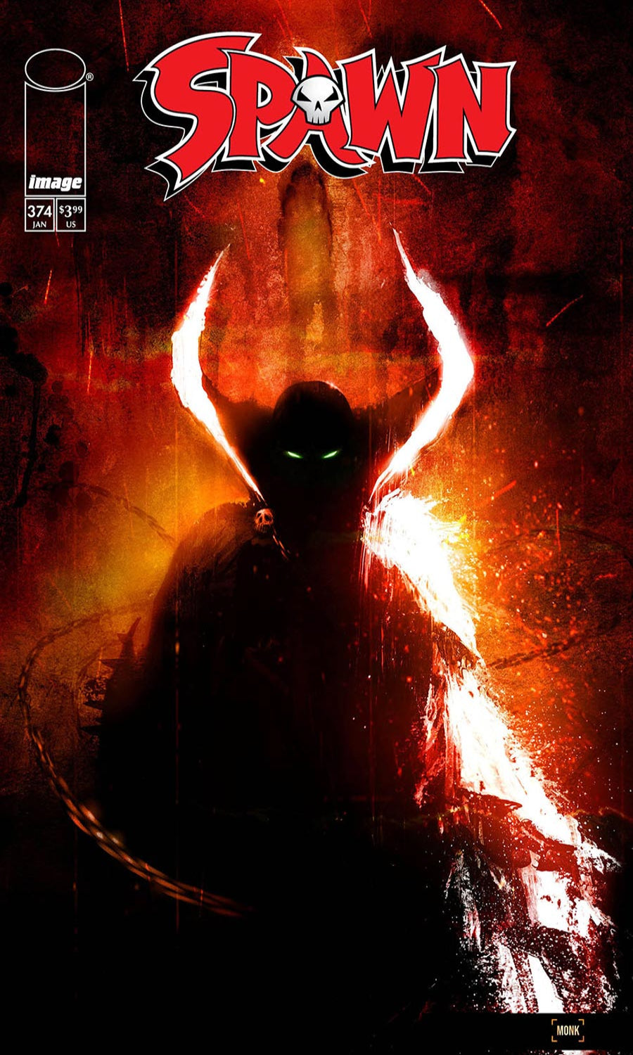 Comic book cover featuring a silhouette with glowing eyes against a fiery background, with 'Spawn' logo at the top.