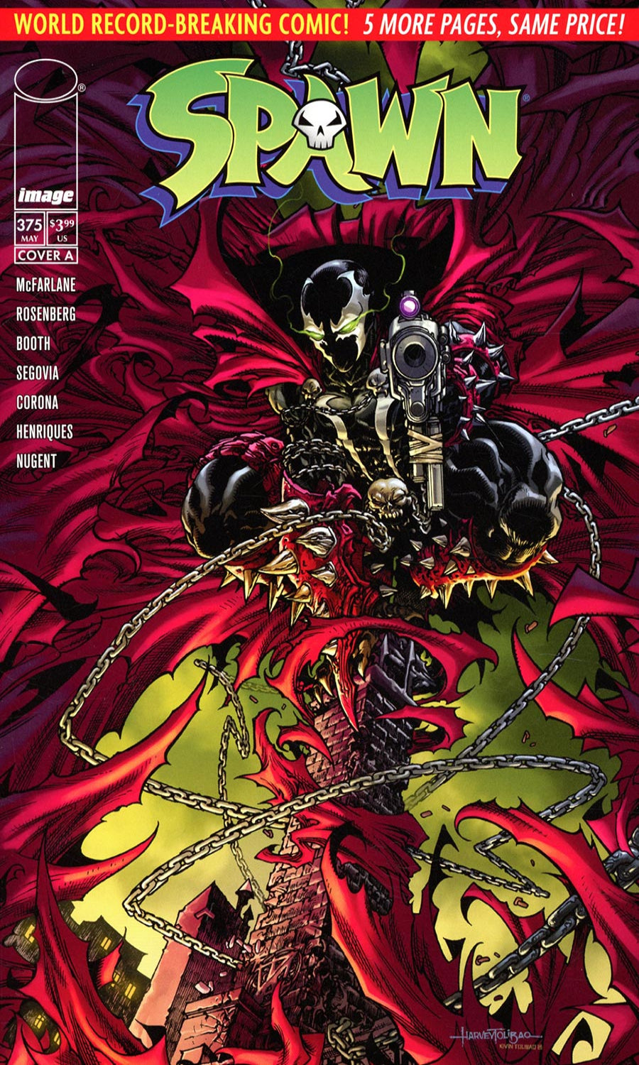 Comic book cover featuring a character in a red and yellow outfit with chains and a gun, on a red background.