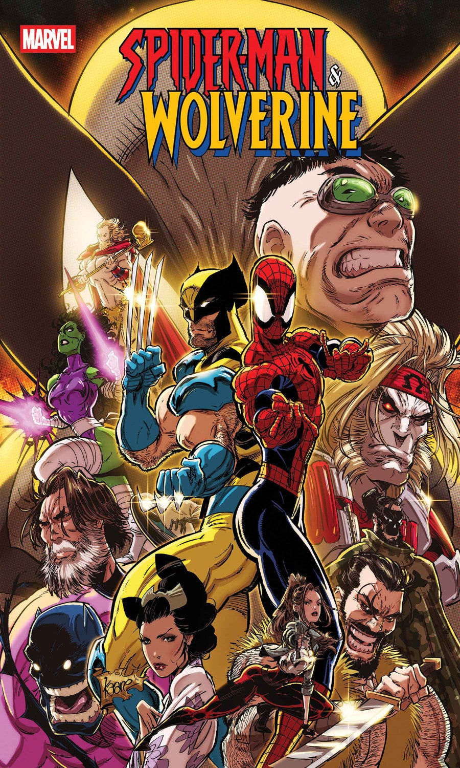 Comic book cover featuring Spider-Man and Wolverine with other characters in the background.
