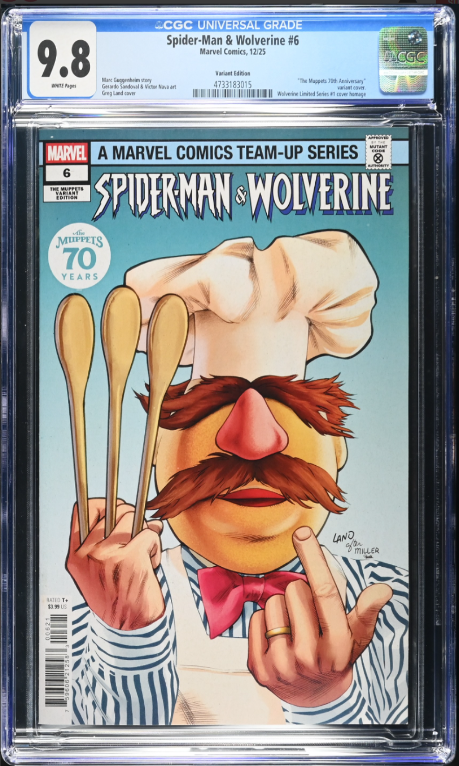 Comic book cover featuring Spider-Man and Wolverine with a chef character holding spoons, CGC graded 9.8.