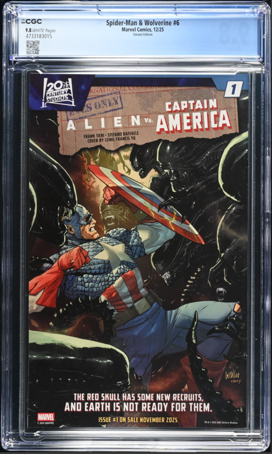 Comic book cover featuring Captain America and an alien, with a CGC grading label on top.