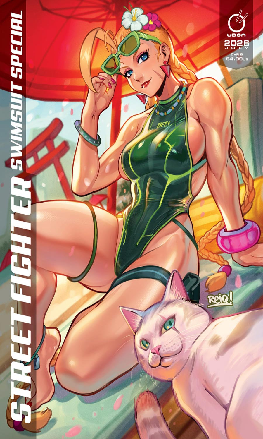 Comic book cover featuring a character in a swimsuit with a cat, titled 'Street Fighter Swimsuit Special'.