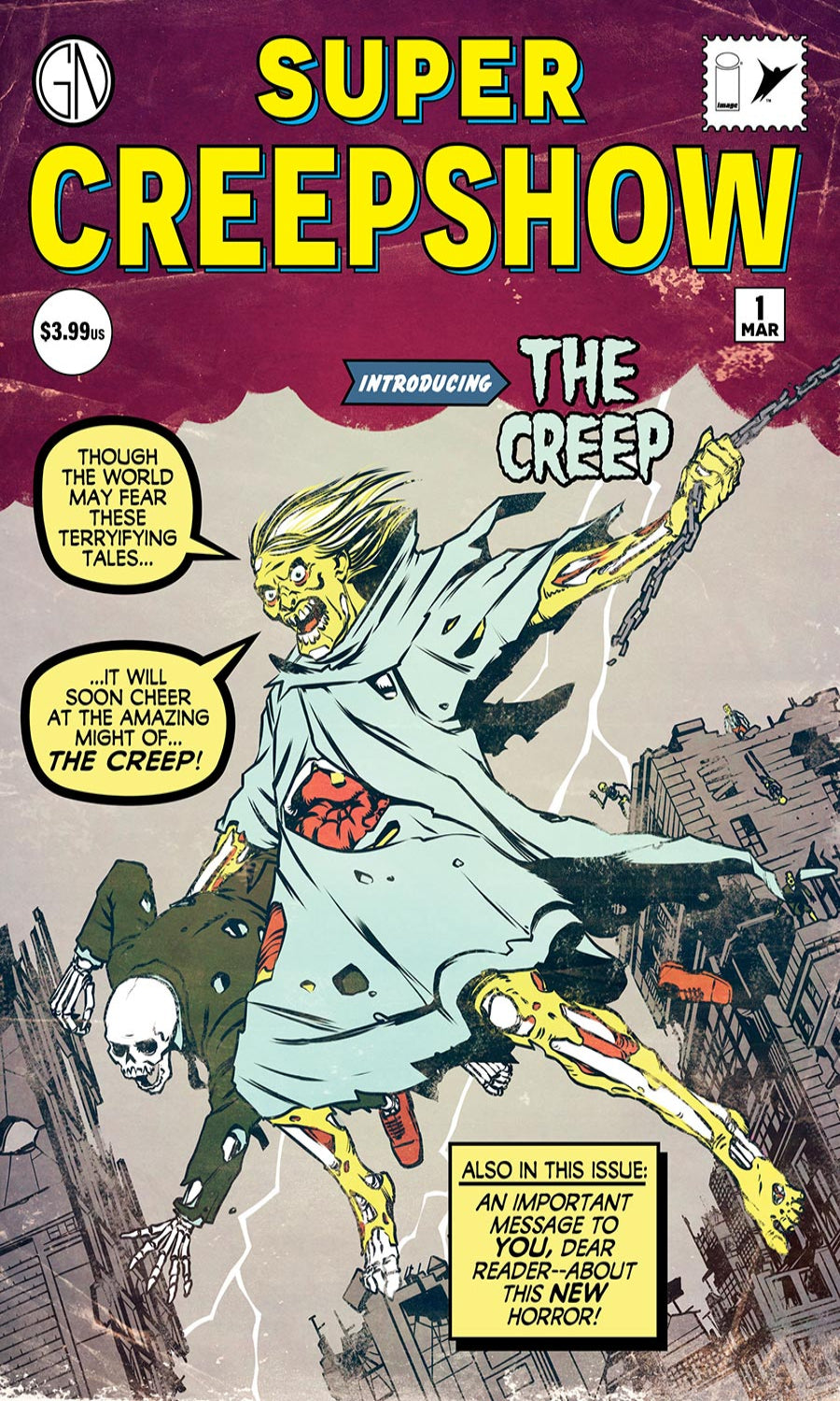Comic book cover of 'Super Creepshow' featuring 'The Creep' with a purple background.