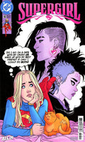 Comic book cover featuring a superheroine with a cat and another character in the background.