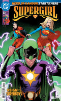 Comic book cover featuring superhero characters with a green and purple costume.