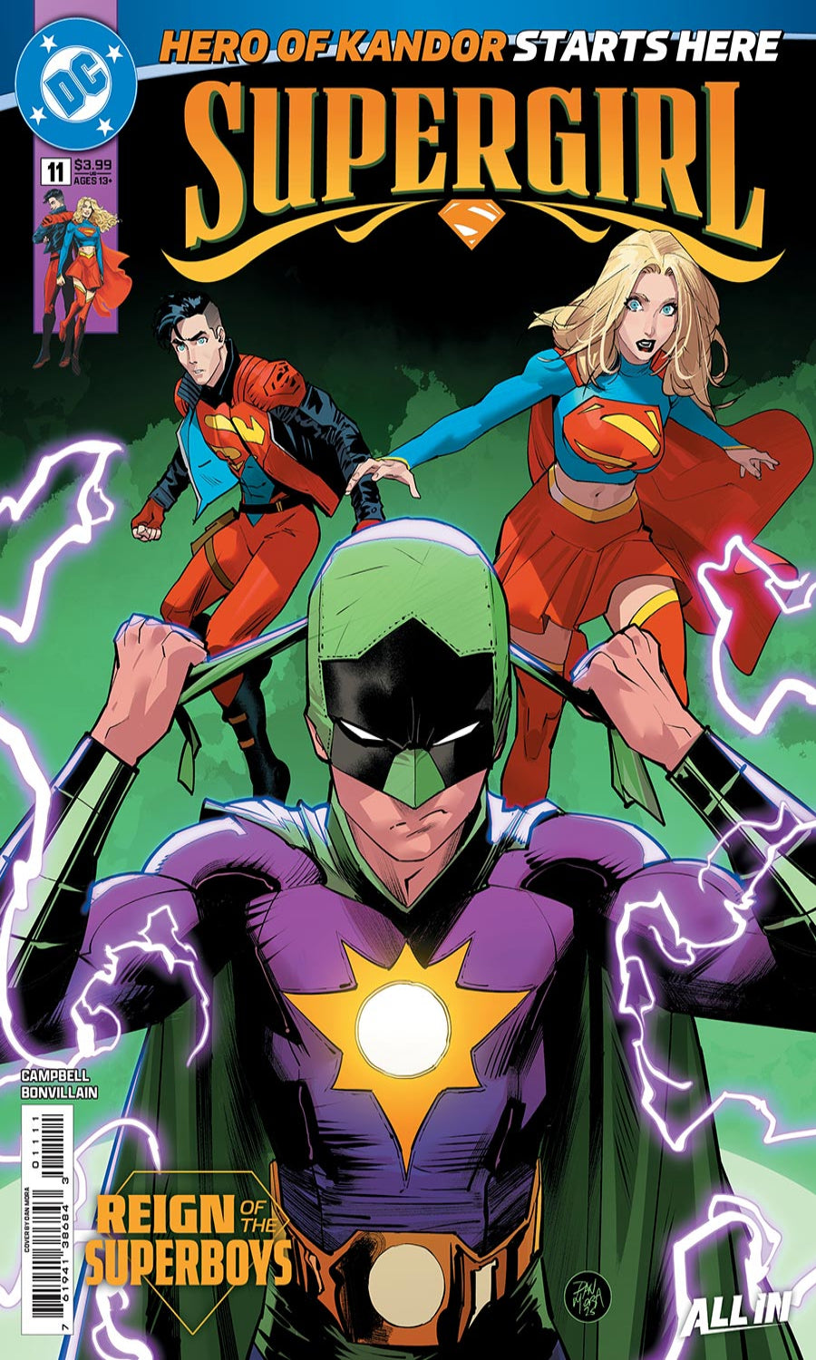 Comic book cover featuring superhero characters with a green and purple costume.