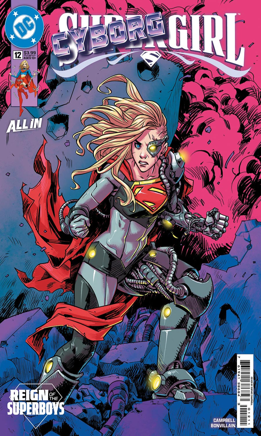 Comic book cover featuring a superheroine with a red and black costume on a pink and blue background.