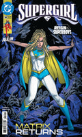 Comic book cover featuring Supergirl with a dark background and superhero emblem.