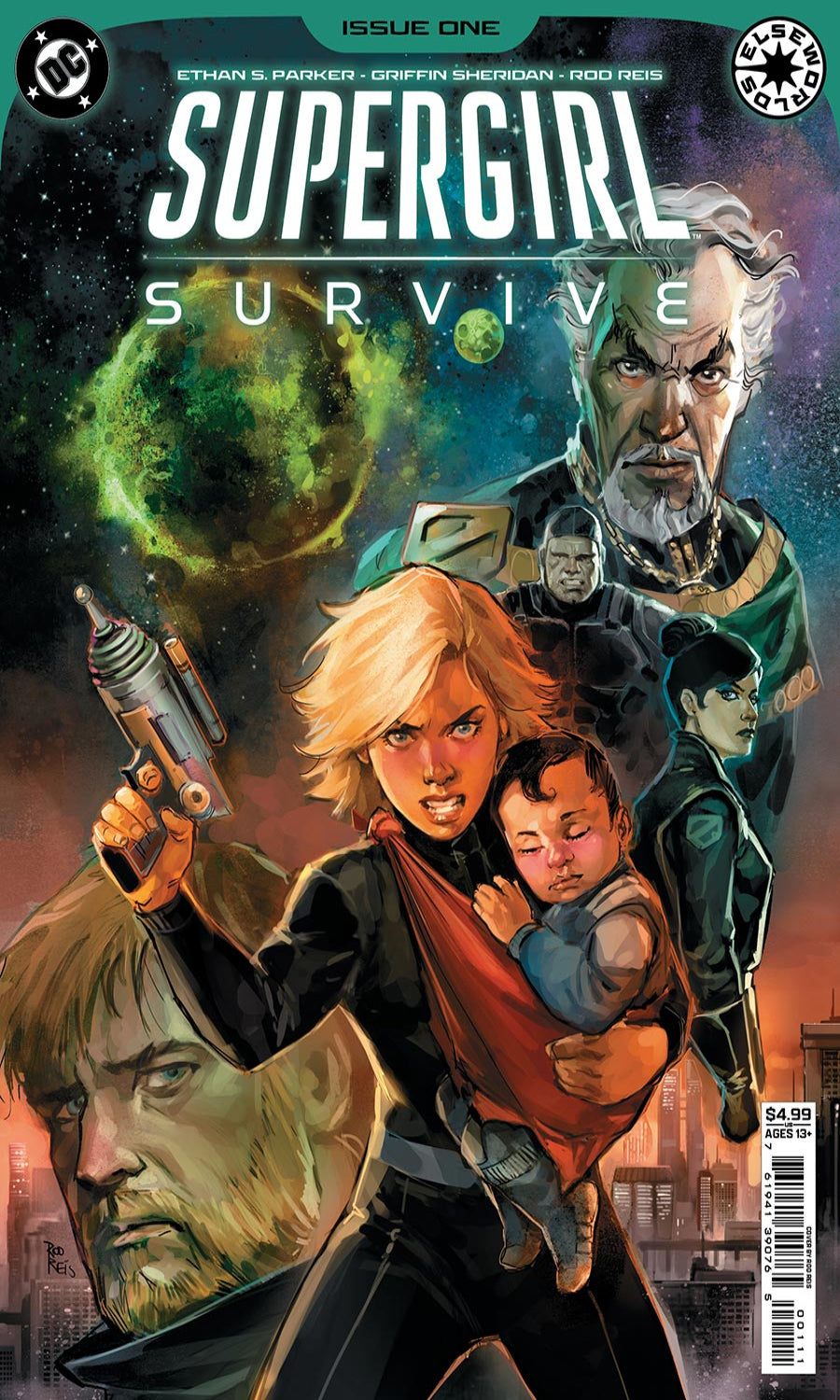 Comic book cover featuring a superheroine holding a child and an adult, with a space-themed background.