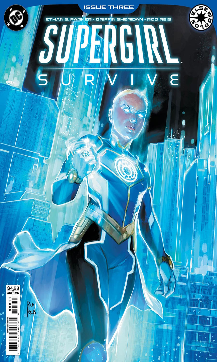 Comic book cover for DC Comics' 'Supergirl: Survive' Issue Three, featuring a glowing blue-and-white Supergirl in a futuristic cityscape. Visible brands include DC and Image.