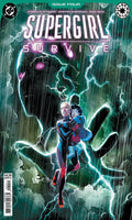 Comic book cover for DC Comics' 'Supergirl: Survive' Issue Four, featuring Supergirl carrying a child amidst dramatic lightning and rain.