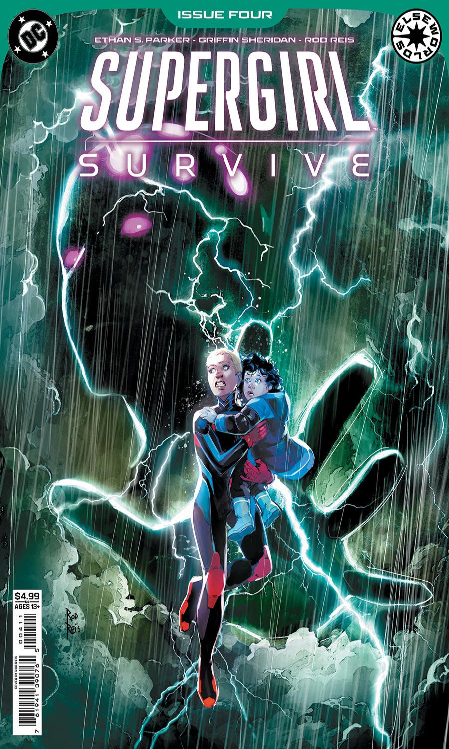 Comic book cover for DC Comics' 'Supergirl: Survive' Issue Four, featuring Supergirl carrying a child amidst dramatic lightning and rain.