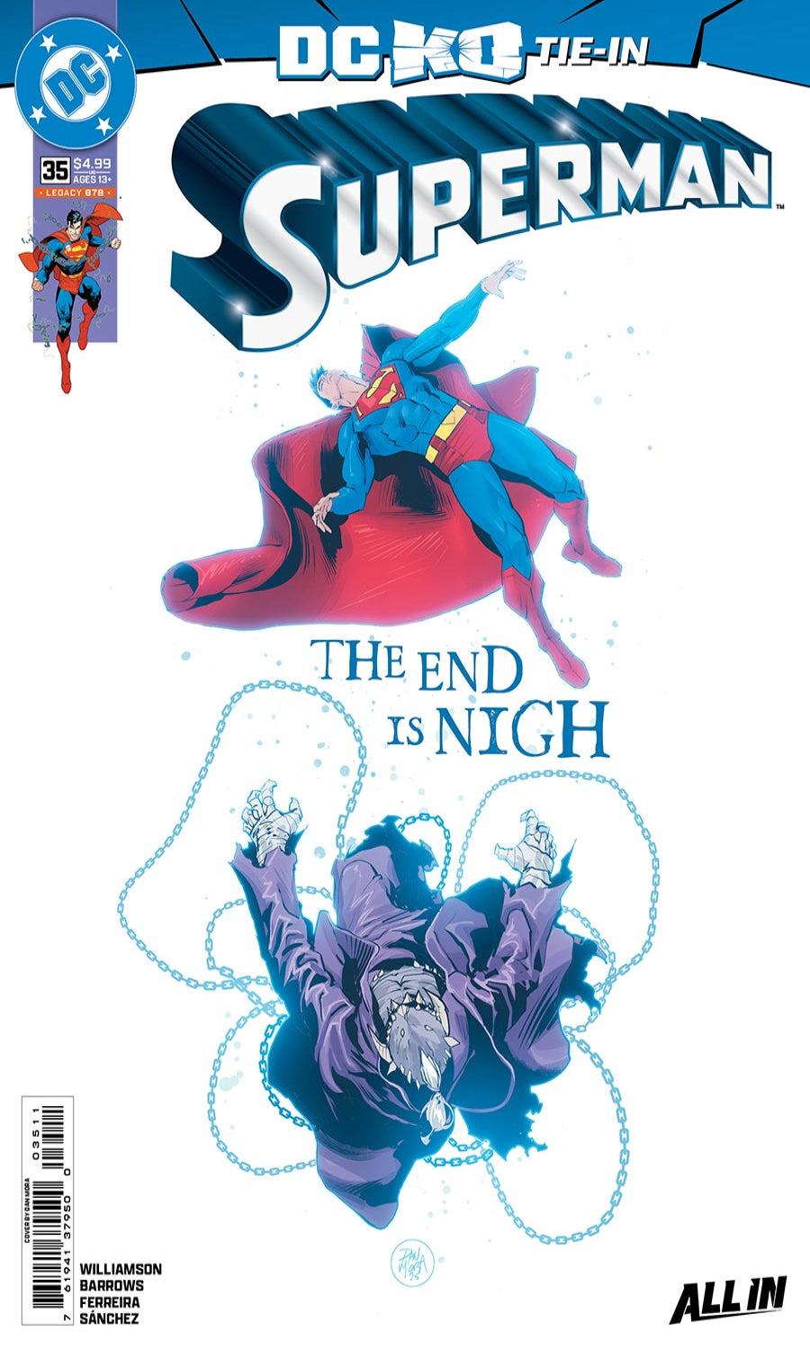 Comic book cover featuring Superman and an enemy with 'The End is Nigh' text, DC logo visible.