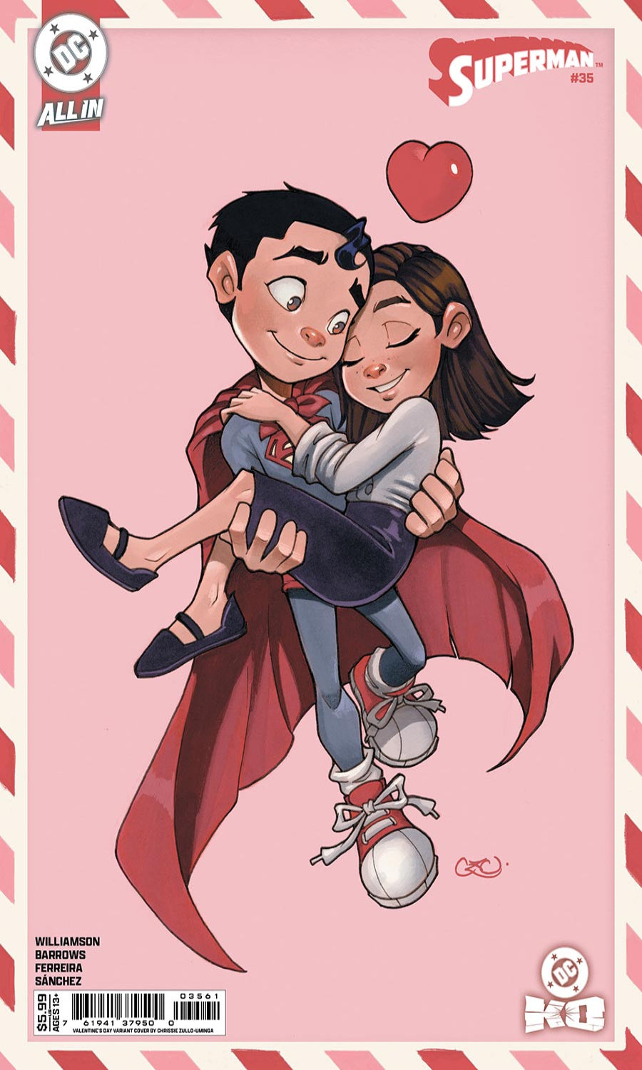 Comic book cover featuring a superhero character carrying a girl on a pink background with red heart and stripes.