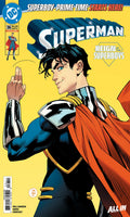 Comic book cover featuring a superhero in a dynamic pose with 'Superman' branding.