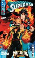 Comic book cover featuring Superman and Witchfire with fiery background