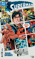 Comic book cover featuring Superman with dynamic panels and text bubbles.