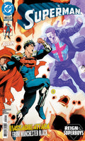 Comic book cover for Superman issue 40 featuring Superman in a blue and red suit flying forward, with a purple-suited antagonist behind him in a smoky, fiery city scene. The DC logo is visible in the top left, and the title 'Superman' appears prominently at the top.
