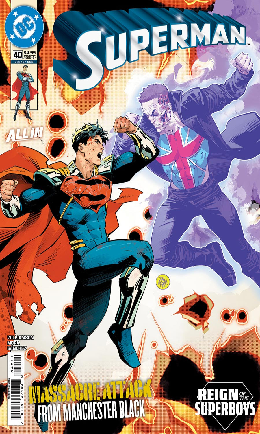 Comic book cover for Superman issue 40 featuring Superman in a blue and red suit flying forward, with a purple-suited antagonist behind him in a smoky, fiery city scene. The DC logo is visible in the top left, and the title 'Superman' appears prominently at the top.