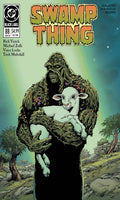 Comic book cover of 'Swamp Thing' featuring a creature holding a lamb with a green landscape in the background.