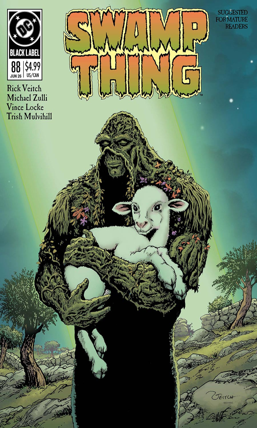Comic book cover of 'Swamp Thing' featuring a creature holding a lamb with a green landscape in the background.