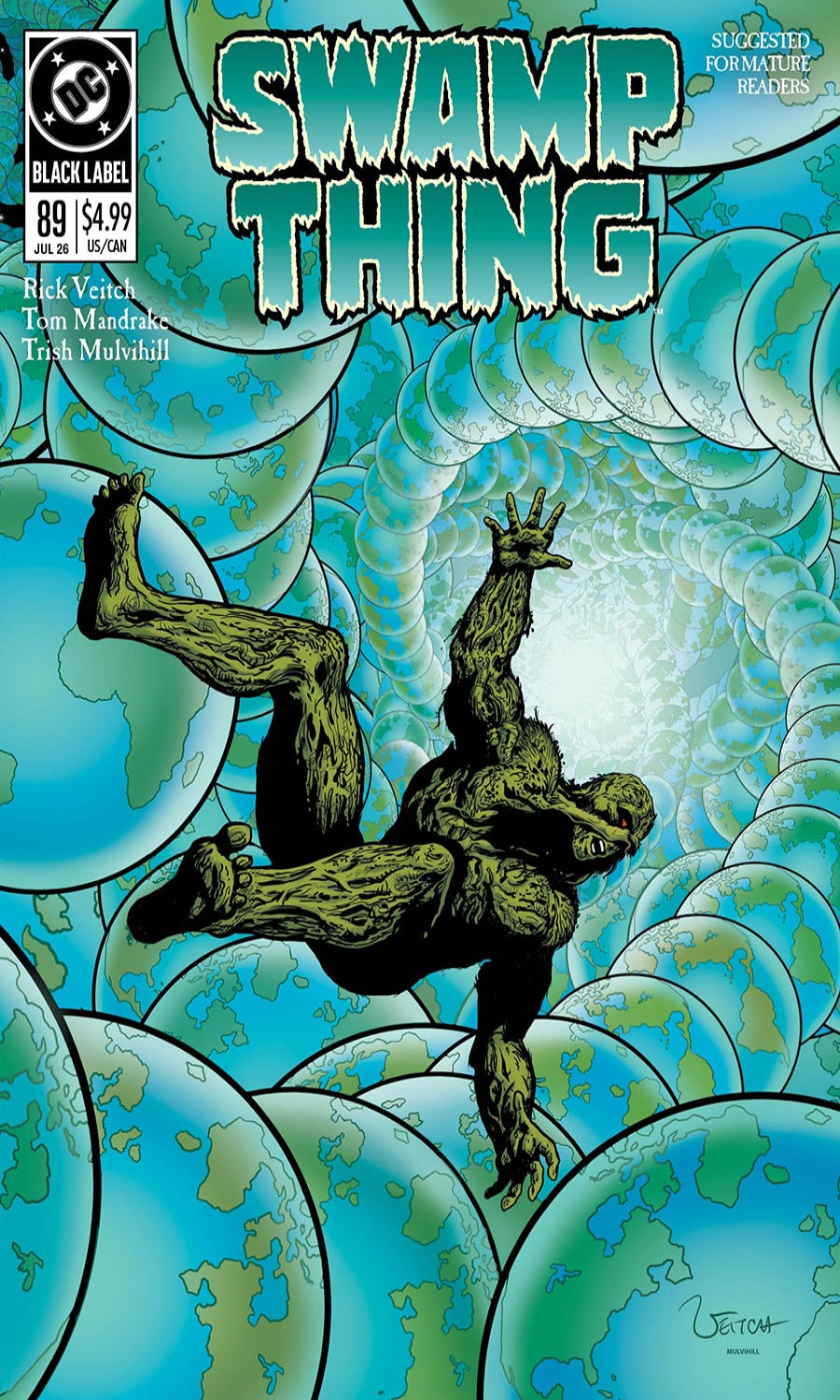 Comic book cover of 'Swamp Thing' with a character in a blue and green abstract background.